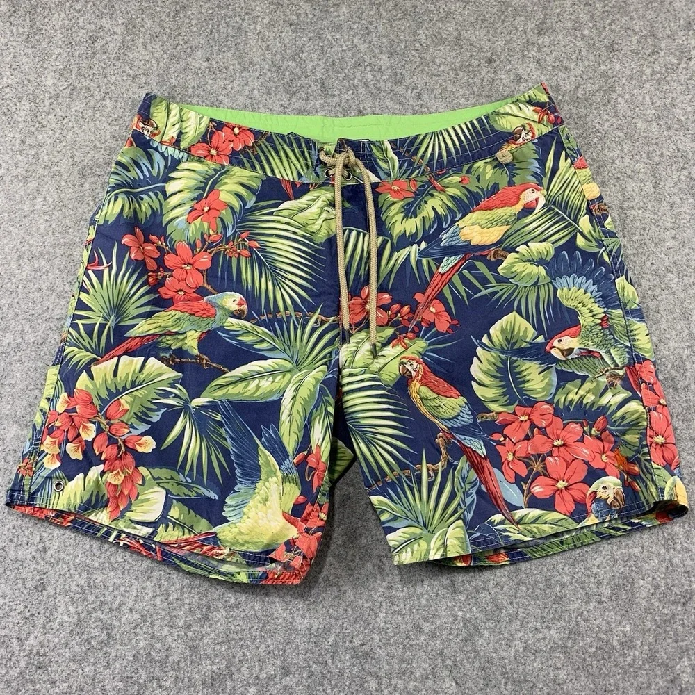 Polo Ralph Lauren Swim Trunks Shorts Mens Size 36 Blue Tropical Parrot Floral